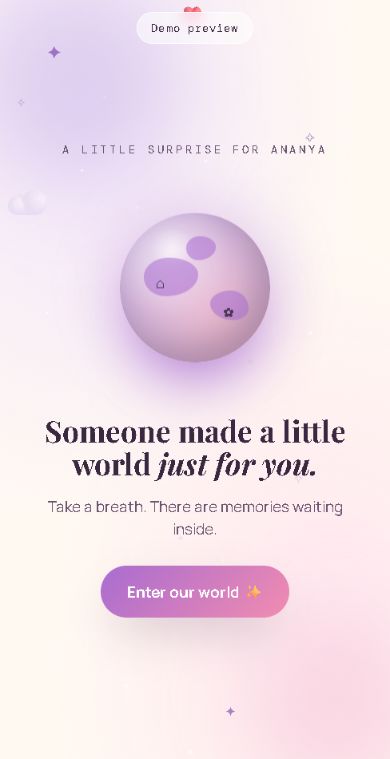 Actual Little World gift: a glowing planet and an invitation to enter your memories